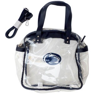 clear tote bag with screened Penn State Athletic Logo, navy accents, silver hardware, shoulder strap